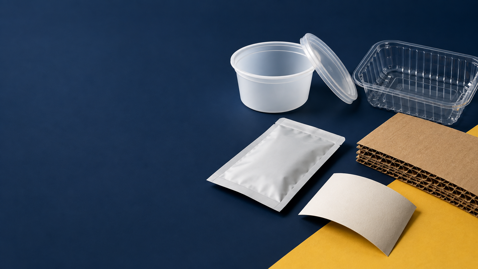 Unbranded food packaging materials including a tub, PET tray, pouch, corrugated board, and label stock